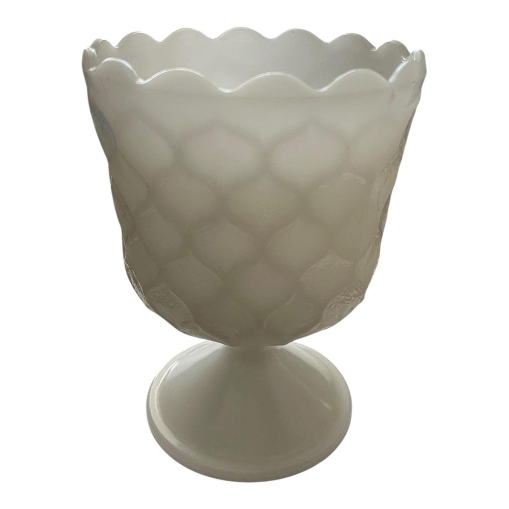 EO Brody White Milk Glass Honeycomb Goblet Pedestal Scalloped Vase Planter USA